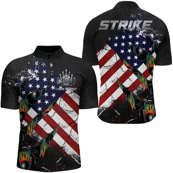 Custom American Flag Bowling Jersey Shirt For Men, Custom Patriotic Black Bowling Shirt BO0129