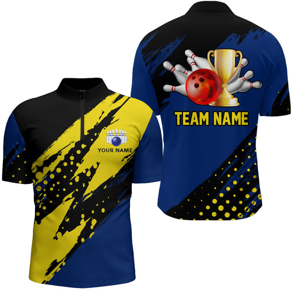 Custom Team Black Blue Yellow Bowling Jerseys For Men, Custom Bowling Shirt BO0187