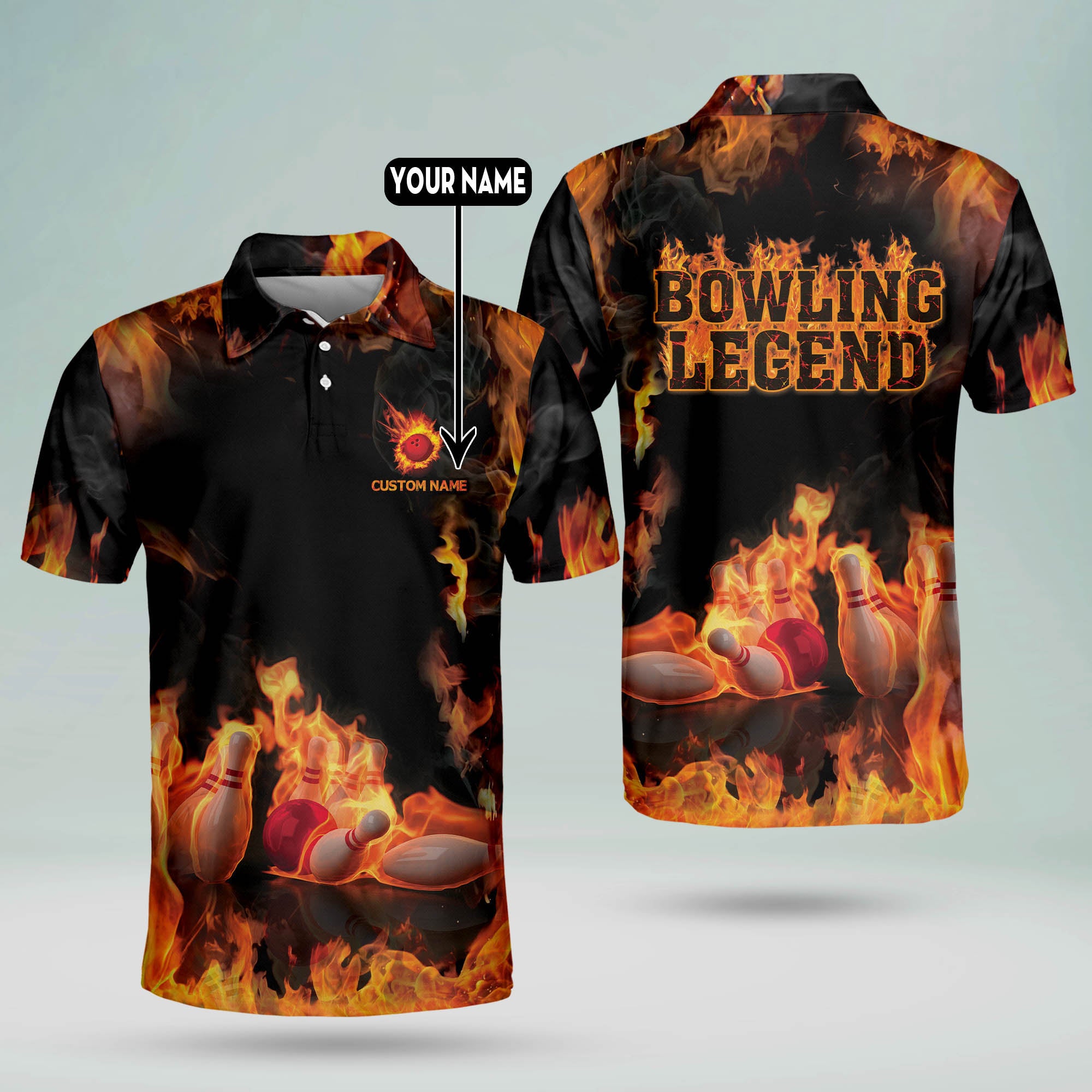 Custom Bowling Polo Shirts For Men And Women Flame Bowling Shirts Custom Black Bowling