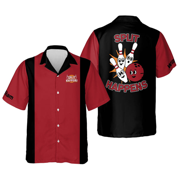 Custom Split Happens Bowling Hawaiian Shirt For Men, Custom Black And Red Funny Bowling Shirt HB0047