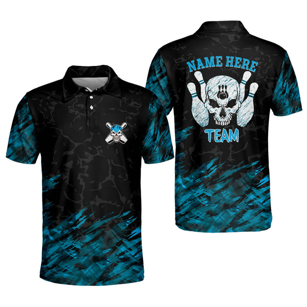 Custom Skull Bowling Polo Shirt For Men, Custom Black And Blue Skull Bowling Team Shirts BM0071