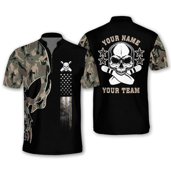 Custom Skull Bowling Jersey Shirt For Men, Custom Team Camo Skull Bowling Shirt BM0259